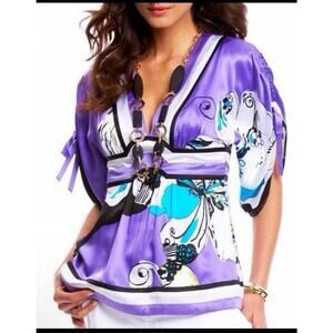 VTG Bebe Y2K Silk Kimono Floral Purple Asian Babydoll Top Boho Sz L Tie Sleeves
